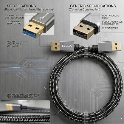 USB to USB Cable 3 ft, USB 3.0 Male to Male Braided Cord, 5Gbps Data Transfer, Compatible with Hard Drive, Cooling Pad, DVD (Not PC-to-PC) - size: 3.3Ft
