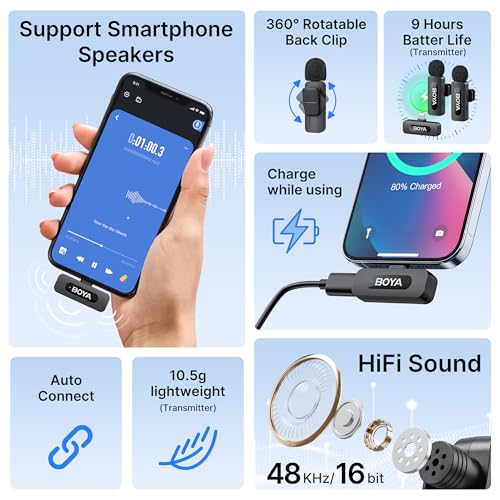BOYA BY-V2 Wireless Microphones for iPhone iPad with MFi Certified Lightning Port, 328ft Range, 9H Battery Life, Noise Reduction Mini Mic Clip on Lapel Microphone Wireless for Video Recroding - size: 2TX+Lightning RX