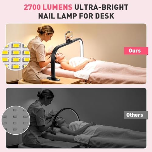 HITTI LED Half Moon Nail Desk Lamp, 30" Foldable Arch Light with 5X Magnifier & Phone Holder for Manicure, Handicraft, Art, Eyelash Extensions - Adjustable Brightness, 3 Color Modes, Home & Salon - color: Black