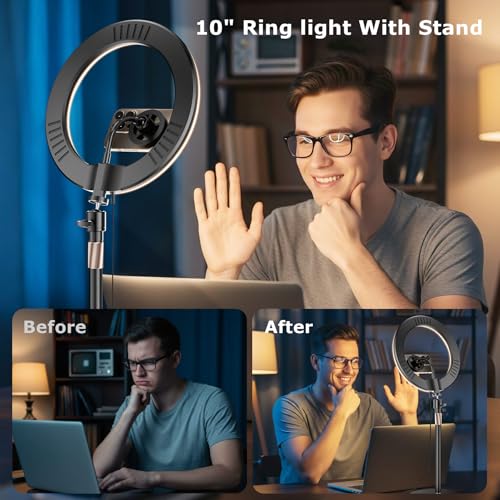 Desk Ring Light with Magnetic Phone Stand for Zoom Meetings, Ring Lights for Video Recording, 10" Laptop Light for Video Conferencing, Home Office, Streaming, YouTube, Webcam, Camera