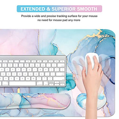 Large Mouse Pad Desk Dad, 4-in-1 Keyboard Wrist Rest Pad & Wrist Support Mouse pad Set, Extended Desk Pad Waterproof Desk Mat for Home Office Study Game-Blue Marble - color: Blue