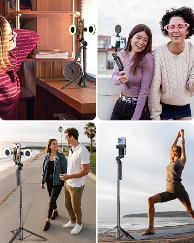 Vlogging Kit for iPhone/Android, 71" Selfie Stick Tripod for iPhone with Fill Light, Wireless Mic & Remote, Adjustable Aluminum Phone Tripod for TikTok/YouTube Content Creator Essentials Starter Kit‌ - size: Tripod with Large Ring Light & Mic
