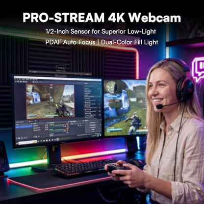 Raikon 4K Webcam with Ring Light & Microphone, 4K Ultra HD Streaming Camera, Built-in Dual Noise-Canceling Mics, Auto Light Correction, for Zoom/Skype/Teams/YouTube/Twitch, Plug & Play, for PC