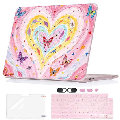 Cute Graffiti Printed Hard Shell Case for 2026 MacBook Neo 13 Inch A3404 A18 Pro, with Screen Protector, Keyboard Cover, Silicone Dust Plugs & Webcam Privacy Cover, Colorful Heart & Butterfly - color: Blush Pink Graffiti