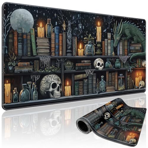 Mystical Gothic Library Large Gaming Mouse Pad 31.5"x15.7"｜ Vintage Book-Themed XXL Desk Mat, Non-Slip Rubber Base & Stitched Edges - Extended Mousepad for PC/Laptop/Office/Home Decor - color: Gothic Library
