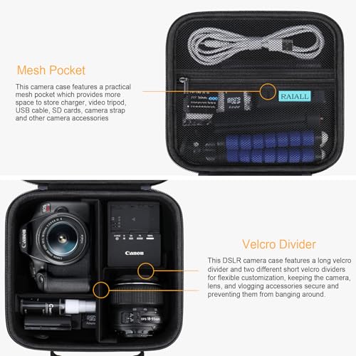 RAIALL Camera Case for Canon EOS Rebel T7/R50/R50V/R100/R5/R6 Mark II/R7/ R8/R10/RP/T6/Sony ZV-E1/Nikon D7500 DSLR Camera, Hard Carrying Case Protective Travel Bag Fits Lens, Tripod, Batteries, Black - color: Black