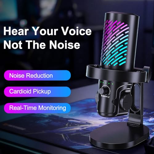 tenlamp RGB USB Gaming Microphone for PC, Streaming & Podcast, Cardioid Condenser Mic with Noise Reduction, Touch Mute, Headphone Monitoring, Gain Control, Plug & Play for Mac Phone