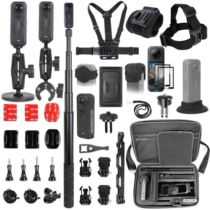 PellKing Accessories Kit for insta360 X5,Included Carrying Case with Belt,2 Pcs Metal 1/4" Adapter,Handlebar Clamp,Magnetic Mount,43in Selfie Stick,Chest Strap,Head Strap,Backpack Mount,and Others