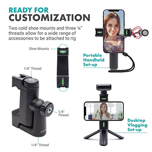 Movo PR-3 Rotating Smartphone Grip Handle Rig with Vertical and Horizonal Positions, Wrist Strap, Tripod Mount, Cold Shoe Mount for Lights and Microphones - for iPhone, Samsung, Google, Android Phones