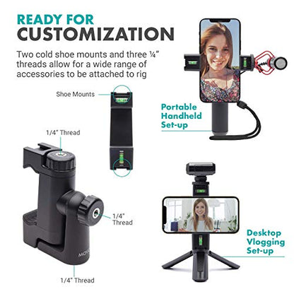 Movo PR-3 Rotating Smartphone Grip Handle Rig with Vertical and Horizonal Positions, Wrist Strap, Tripod Mount, Cold Shoe Mount for Lights and Microphones - for iPhone, Samsung, Google, Android Phones