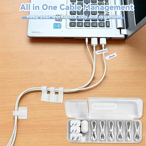 Cable Management Kit, Cord Organizer Box, Cable Clips & Labels | All-in-One Desk Cable Organizer and Storage Solution for Home Office, Wire Management Set