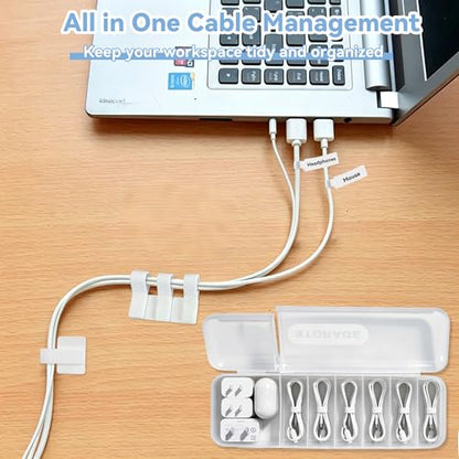 Cable Management Kit, Cord Organizer Box, Cable Clips & Labels | All-in-One Desk Cable Organizer and Storage Solution for Home Office, Wire Management Set