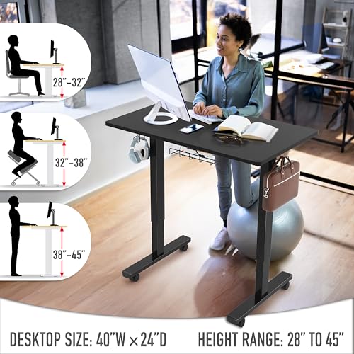 SHW 40-Inch Mobile Electric Height Adjustable Sit to Stand Desk with Drawer, Hanging Hooks and Cable Management, Black - color: Black