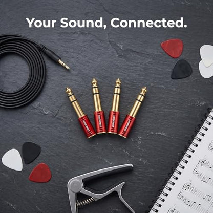 MOBOREST 4PCS 1/4 Inch to 3.5mm TRS Headphones adapte, Upgrade 6.35mm Pure Copper to 1/8 Inch Jack Female Stereo Adapter for Headphone amp adapte etc - Fashion Red - color: 4RED