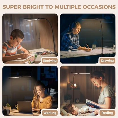 Voncerus LED Desk Lamp for Home Office, Double Head Architect Light with Clamp, Computer Monitor Clip on Light, 3 Modes and 10 Brightness, Adjustable Flexible Goose-Neck, Table Task Lamp, Black - color: Black Pro