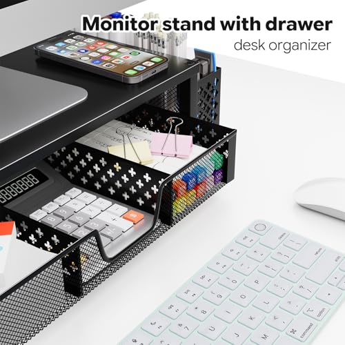 Simple Trending Desk Organizer and Accessories, 2-Tier Computer Monitor Stand Riser with Drawer & 2 Pen Holders, Office Desk Accessories & Workspace, Laptop & Printer Stand for Desktop, Black - size: 18.5"W x 9.5"D x 4.75"H