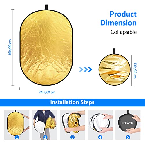 NEEWER 24"x36"/60x90cm Light Reflectors for Photography, Portable 5 in 1 Collapsible Multi Disc with Bag - Translucent, Silver, Gold, Black, White Diffuser for Studio and Outdoor Lighting - size: 24" x 36"