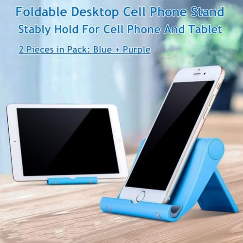 Portable Adjustable Cell Phone Stand, 2 Pack, Universal Fit for Desktop, Tablet, Compatible with Most Phones & Devices (Purple+Blue) - color: Purple+Blue