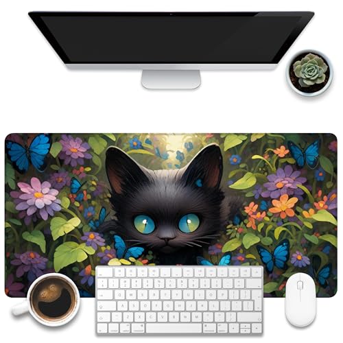 Desk Pad, Cute Black Cat Desk Mat, Cat Among Butterfly Flowers Large Gaming Mouse Pad for Desk, 31.5"x15.7" Extended Big Computer Keyboard Mouse Pad with Non-Slip Base and Stitched Edge - color: Cute Black Cat