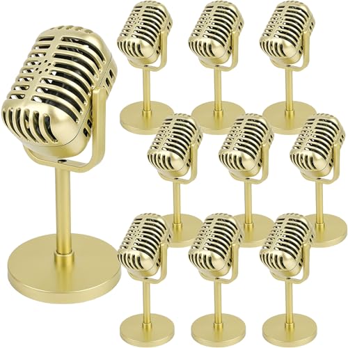 10 Pack Retro Microphone Props Fake Microphone Model with Stand Classic Vintage Plastic Antique Mic Table Decor for Halloween Party Decoration Rock Hip Hop Music Prop Pretend Play (Golden) - color: Golden