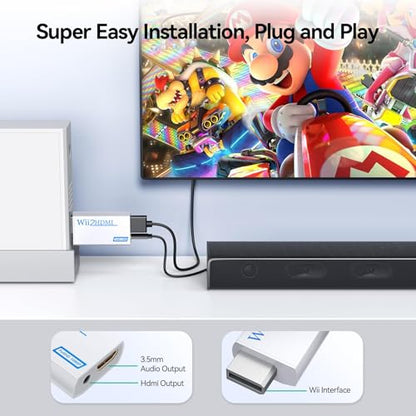 GANA Wii to HDMI Converter 1080P Full HD, Wii HDMI Adapter with 3.5mm Audio & HDMI Output, Compatible with Wii/Wii U, HDTV, Monitor, Projector, Supports All Wii Display Modes - color: White