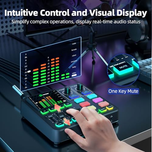 PUPGSIS Gaming Audio Mixer, Audio Interface for PC/Podcast/Streaming, Sound Board with 3.5mm/XLR Mic Input, 48V Phantom Power, Voice Changer, Live Sound Card with DJ Mixer Effects/Bluetooth/4 Channel - color: Black