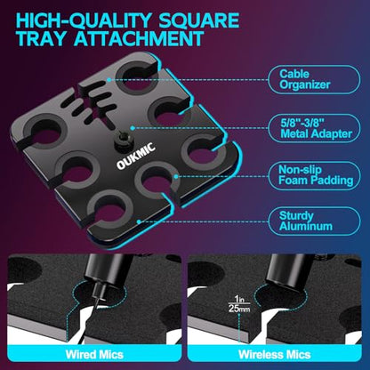 Multi Microphone Holder with Desktop Mic Stand, Square Tray with Cable Slots Holds Up to 7 Mics, Wired and Wireless Mic Holder for Stage Organizer and Display-7 Anti-roll Rings Included