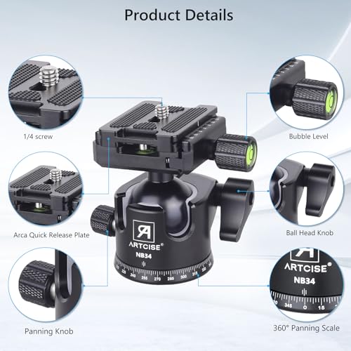 Low Profile Ball Head Heavy Duty Camera Tripod Ball Head 34mm Diameter with Two 1/4" Quick Release Plates for Camera Tripod, Monopod, DSLR,Max Load 33lbs /15kg