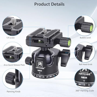 Low Profile Ball Head Heavy Duty Camera Tripod Ball Head 34mm Diameter with Two 1/4" Quick Release Plates for Camera Tripod, Monopod, DSLR,Max Load 33lbs /15kg
