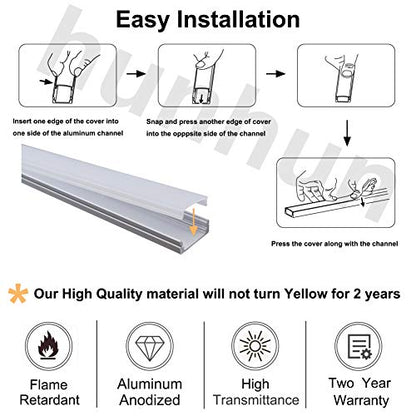 hunhun 10-Pack 6.6ft/ 2Meter U Shape LED Aluminum Channel System with Milky Cover, End Caps and Mounting Clips, Aluminum Profile for LED Strip Light Installations, Very Easy Installation