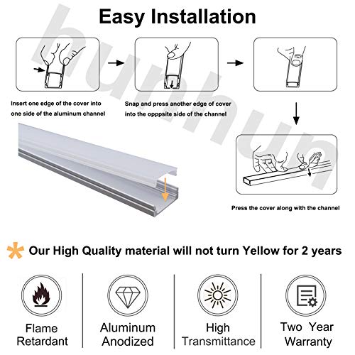 hunhun 20-Pack 3.3ft/1Meter U Shape LED Aluminum Channel System with Milky Cover, End Caps and Mounting Clips, Aluminum Profile for LED Strip Light Installations, Very Easy Installation