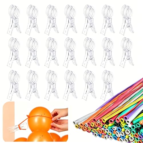 20 Pack Clips for Balloon Arch & 100 Pcs Long Skinny Balloons - Clear Heavy-Duty Clamps for Backdrop and Balloon Decoration Kit, Balloon Clips for Balloon Arch Birthday Party Crafts Photography Studio - color: 20 Clear Clips + 100 Colorful Balloons