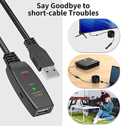 60FT Active USB Extension Cable 2.0 Male to Female with A Extension chipset Signal Booster - Active Extension/Repeate - color: USB 2.0 Extension Cable Black, size: 60FT