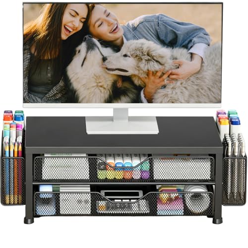OPNICE Desk Organizer and Accessories, 2-Tier Computer Monitor Stand Riser with Drawer and 2 Pen Holders, Laptop Stand, Office Desk Accessories for Office Supplies, Black-2D - color: Black Double Drawer & Pen Holders, size: Single