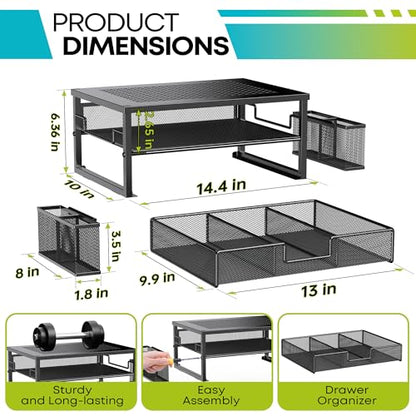MINDEPOT 2 Tier Computer Monitor Stands with Drawer and 2 Pencil Holder, Metal Monitor Stand, Office Desk Accessories Workspace Desktop Organizers for Office Supplies, Black