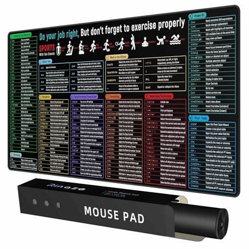 Rinaze Large Mouse Pad With Excel Shortcuts Cheat Sheet, Excel Tips Desk Mat, XXL Gaming Mousepad Keyboard Pad, Office Accessories for Computer, Mac, PC and Laptop - color: Multi-colored