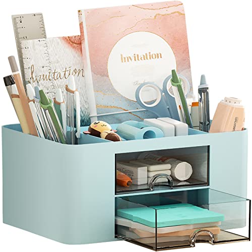 Marbrasse Pen Organizer with 2 Drawer, Multi-Functional Pencil Holder for Desk, Desk Organizers and Accessories with 5 Compartments + Drawer for Office Art Supplies (Blue) - color: Blue
