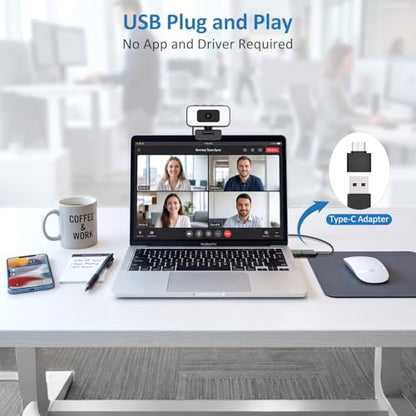 Webcam with Light, 2K HD Web Camera for Desktop Computer PC | Fixed Focus, 80° FOV, USB Plug and Play Web Cam for Video Calls, Online Meetings (4 Buttons-Adjust Brightness/Flip/Zoom)