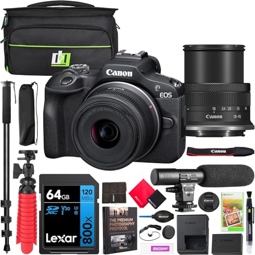 Canon EOS R100 Mirrorless Camera with RF-S 18-45mm is STM Lens Bundle | USA Warranty | Authorized Dealer | Photography Bag + Microphone + Monopod + Accessories Kit - color: Onyx