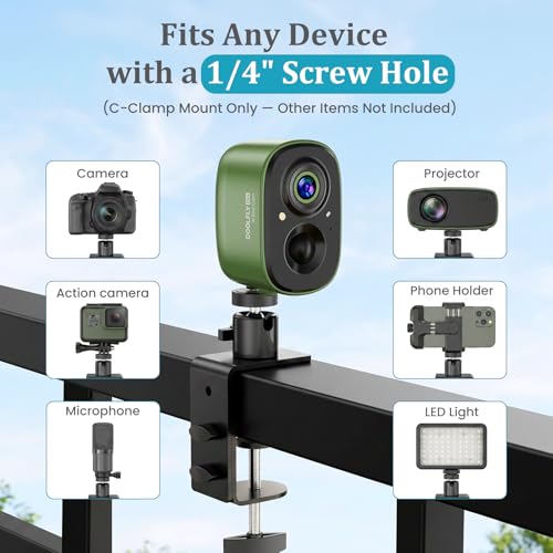 C-Clamp Mount with Mini Ball Head Mount, 1/4 Screw Mount Adapter Camera Clamp Mount for Desk/Deck/Brunch, Compatible with Arlo, Wyze, Ring Stick up Cam and More, Black (60mm) - size: 8.7"