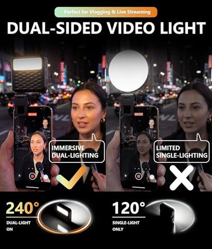 85LEDs Dual-Sided Portable Selfie Light for Dual Camera Recording, Pocket Video Light with Phone Clip & Cold Shoe Mount, 2000mAh Rechargeable for iPhone, Laptop, Vlogging, Zoom & Live Streaming