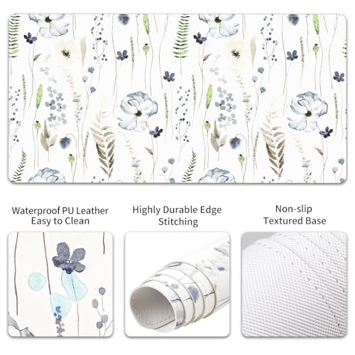 QIYI Leather Desk Mat Set, 4-in-1 Large Mouse Pad with Ergonomic Wrist Rest, Waterproof Desk Pad + Keyboard Wrist Rest + Mouse Wrist Support + Coaster, Non-Slip Office Gaming Accessories, Wildflowers - color: Watercolor Wildflowers