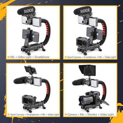 Zeadio Handheld Video Stabilizer Rig, Portable Camera Stabilizer Handle Grip with Cold Shoe Mounts, Phone Holder, Action Camera Adapter for Smartphone, DSLR Camera, Action Camera, Camcorder etc