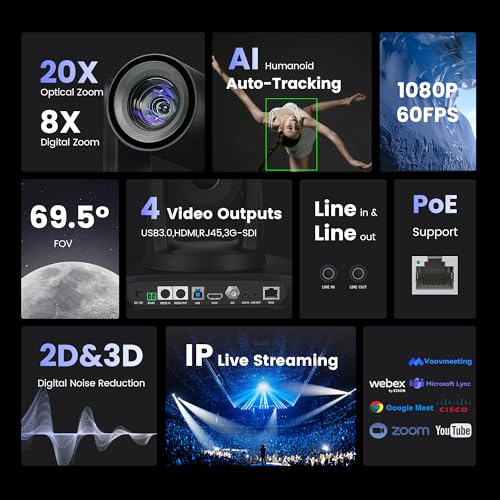 AI Auto Tracking PTZ Camera 3G-SDI/USB3.0/HDMI/LAN IP PoE Live Streaming 20X Optical and 8X Digital Zoom Camera 1080P 60FPS for Church Services Worship Education Events vMix OBS YouTube - color: pitch black