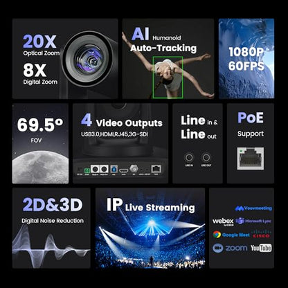 AI Auto Tracking PTZ Camera 3G-SDI/USB3.0/HDMI/LAN IP PoE Live Streaming 20X Optical and 8X Digital Zoom Camera 1080P 60FPS for Church Services Worship Education Events vMix OBS YouTube - color: pitch black