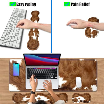 4 in 1 Ergonomic Keyboard Wrist Rest & Mouse Pad Wrist Rest Set, Large XXL Gaming Desk Mat 31.5"x 11.8" with Non-Slip Base, Memory Foam for Home Office Study Gaming, Brown Cow Print - color: Brown Cow Print