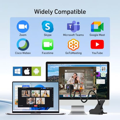 4K Center Screen Webcam with Microphone, AutoFocus 4K Middle Screen Webcam USB Type-C/A Adapter, Eye Level Camera Plug&Play (Clamp)