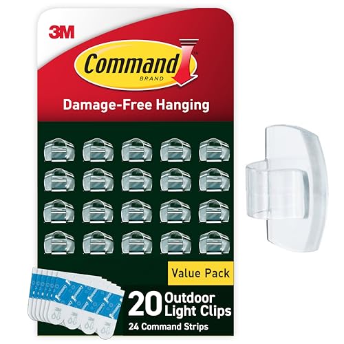 Command Outdoor Light Clips, 20 Clear Clips and 24 Command Strips, Damage-Free Hanging Back to School Decorations with Weather Resistant Strips, Wall Clip for Hanging Outdoor Lights and Cable - size: 20 Clips