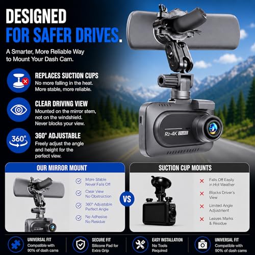 Dash Cam Mount Replacement Holder, Fits Rove r2-4k and Other Dash Cams | Easy Rearview Mirror Installation | No More Falling Suction Cups | Multiple Adapters | Secure Adjustable View
