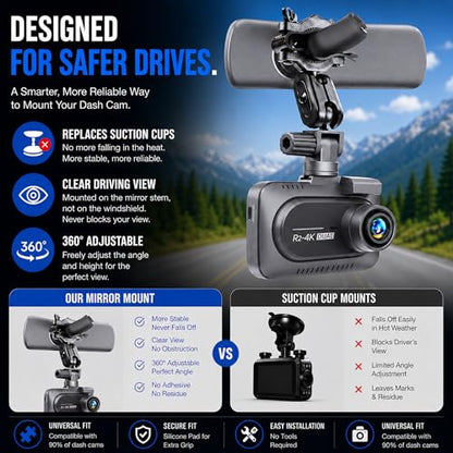 Dash Cam Mount Replacement Holder, Fits Rove r2-4k and Other Dash Cams | Easy Rearview Mirror Installation | No More Falling Suction Cups | Multiple Adapters | Secure Adjustable View